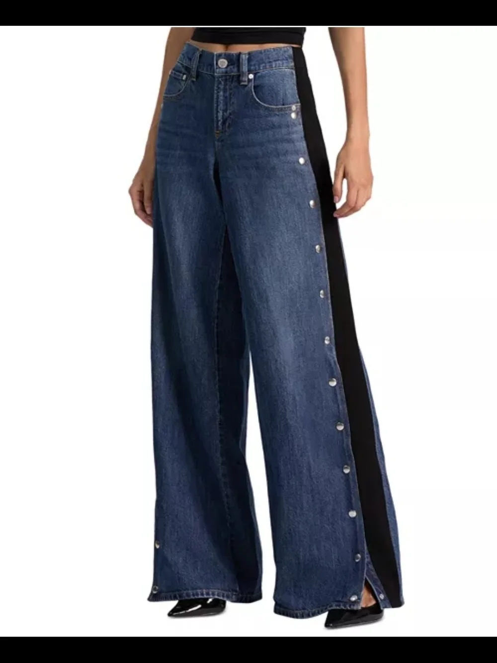 Alice + Olivia Two-Tone Wide Leg Snap-Trim Jeans in Denim Blue and Black Size 26 - Picture 2 of 13